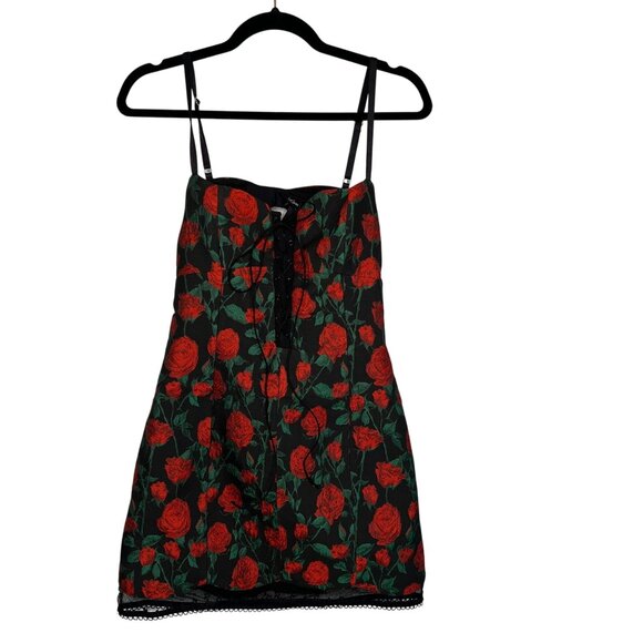 For Love & Lemons Black & Red Rose Print Mini Dress Size Med Lace-Up WhimsiGoth - Picture 1 of 12